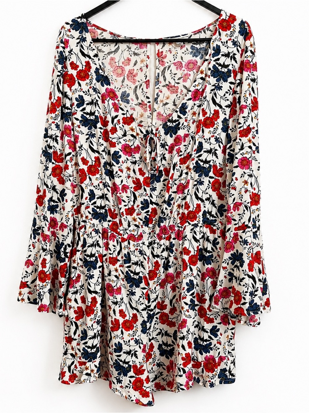 American Eagle AE Floral V-Neck Romper bell sleeves boho prairie large feminine